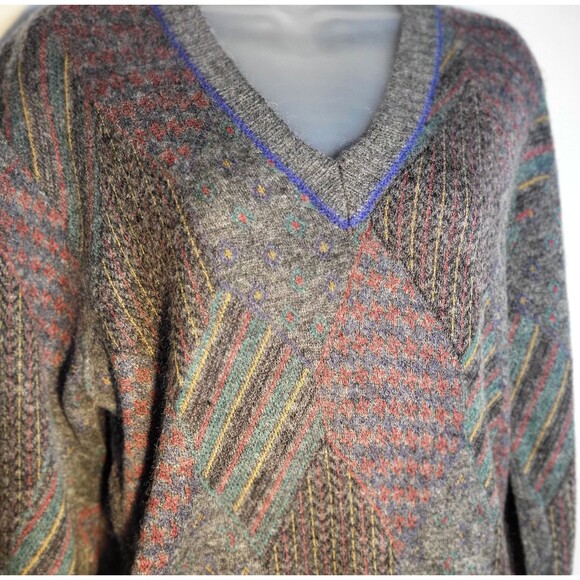 Vintage Womens Italy Wool Argyle Geometric Knit V neck  Dark Aacademia sweater S - Picture 4 of 12